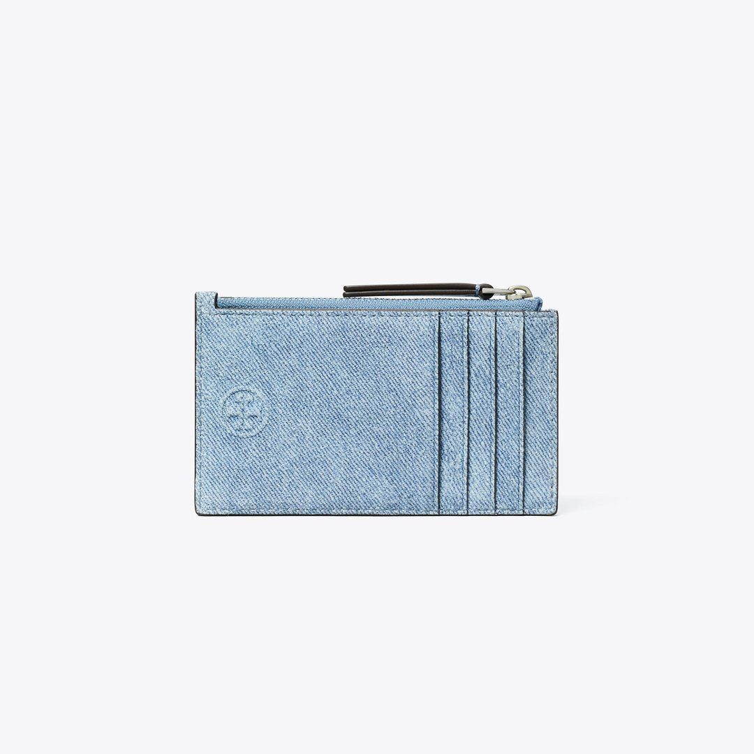 Tory Burch Fleming Denim-Print Suede Zip Card Case Denim