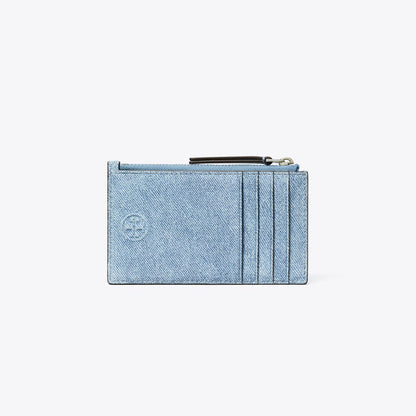 Tory Burch Fleming Denim-Print Suede Zip Card Case Denim