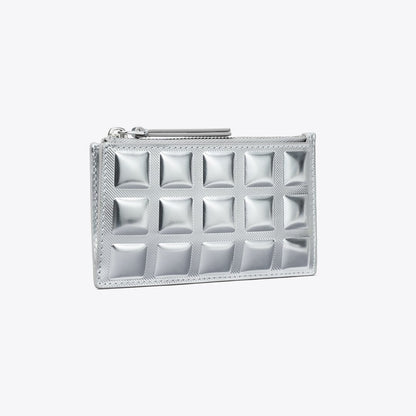 Tory Burch Fleming Metallic Square Quilt Zip Card Case Silver