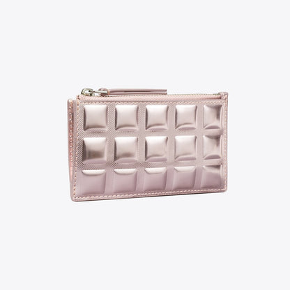 Tory Burch Fleming Metallic Square Quilt Zip Card Case Sparkle Pink