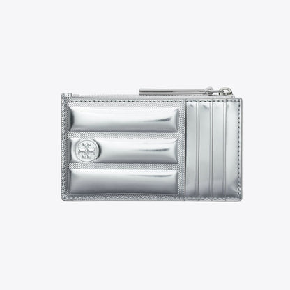 Tory Burch Fleming Metallic Square Quilt Zip Card Case Silver