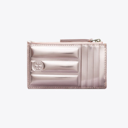 Tory Burch Fleming Metallic Square Quilt Zip Card Case Sparkle Pink