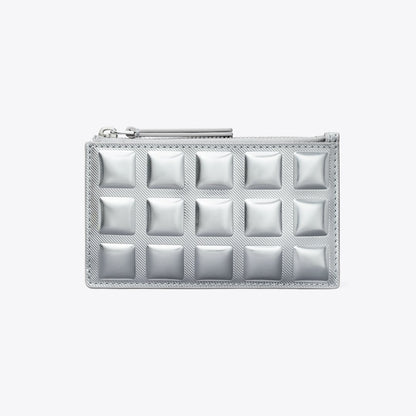 Tory Burch Fleming Metallic Square Quilt Zip Card Case Silver