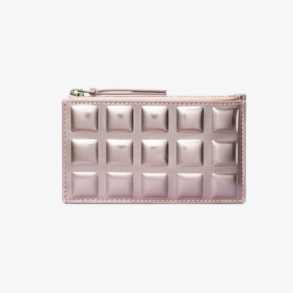 Tory Burch Fleming Metallic Square Quilt Zip Card Case Sparkle Pink