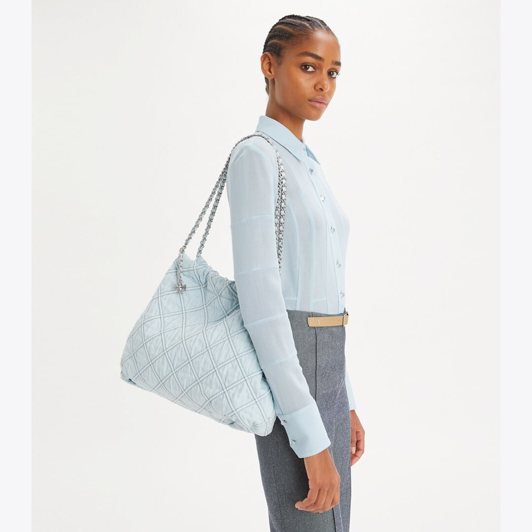 Tory Burch Fleming Soft Denim Hobo Bag Seltzer
