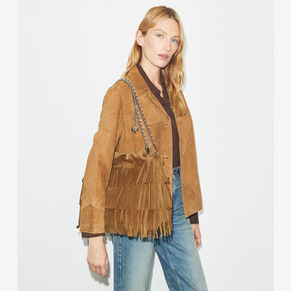 Tory Burch Fleming Suede Fringe Hobo Bag WILD TABACCO