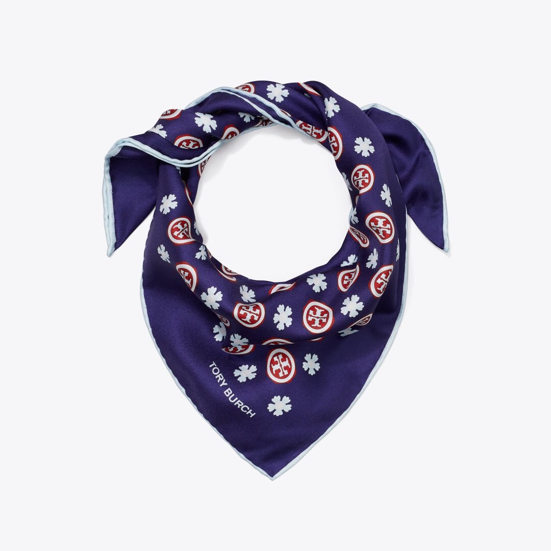 Tory Burch Floral Logo Triangle Scarf Navy Floral Logo