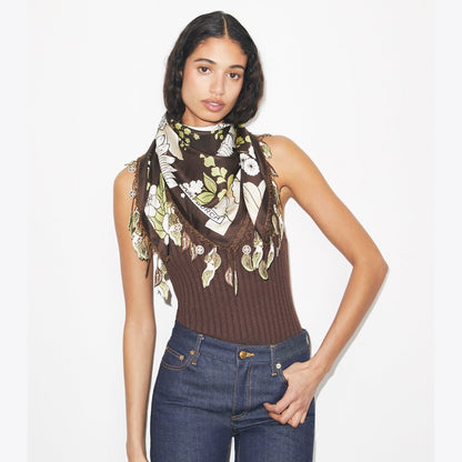 Tory Burch Floral Silk Square Scarf Green / Brown Floral