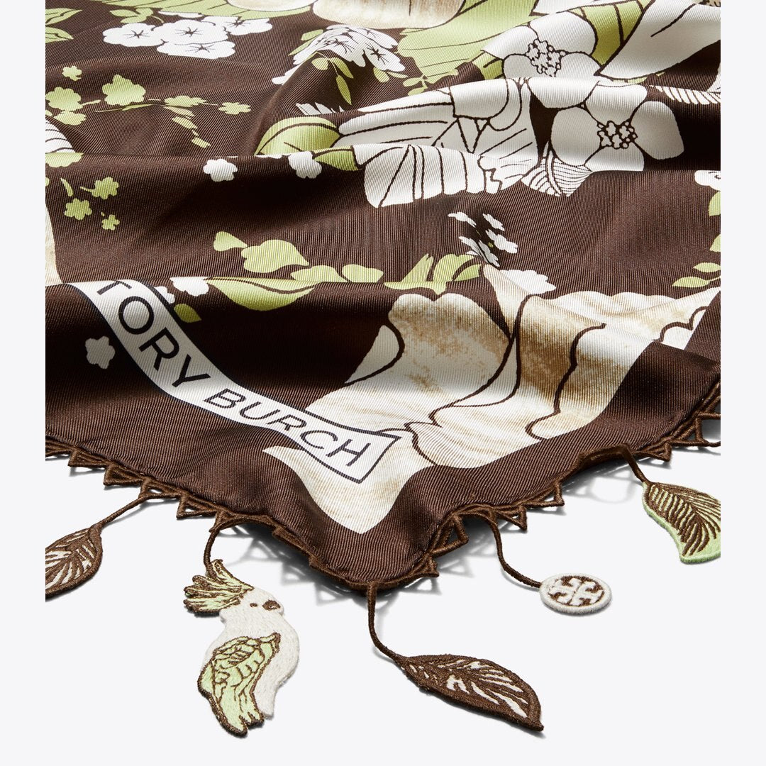 Tory Burch Floral Silk Square Scarf Green / Brown Floral