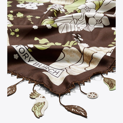 Tory Burch Floral Silk Square Scarf Green / Brown Floral