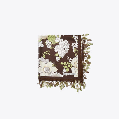 Tory Burch Floral Silk Square Scarf Green / Brown Floral