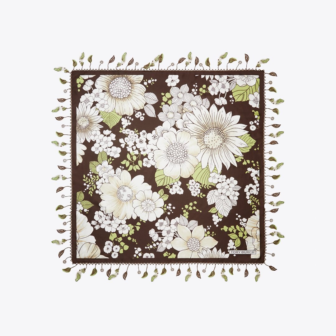 Tory Burch Floral Silk Square Scarf Green / Brown Floral