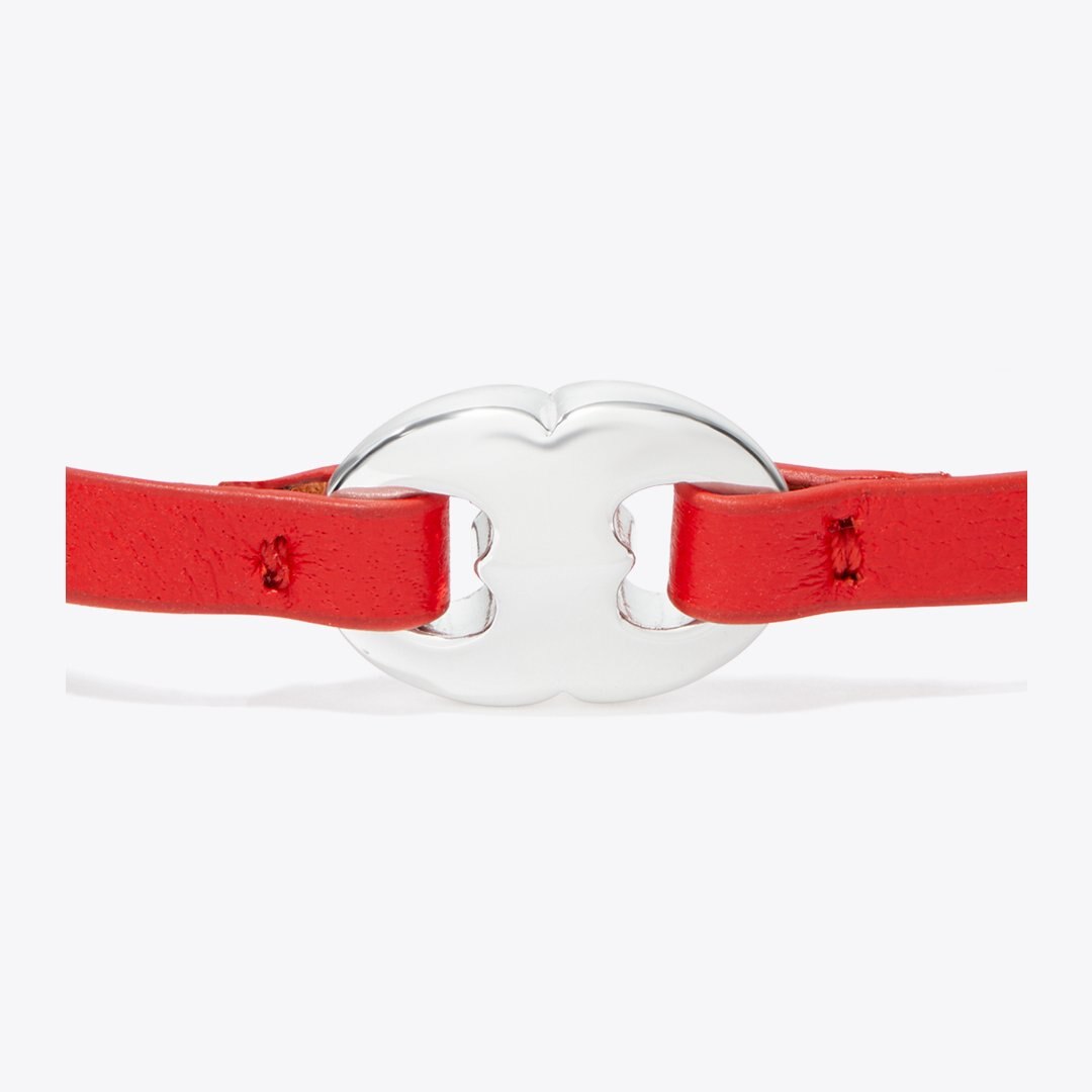Tory Burch Gemini Link Leather Bracelet Light Silver / Red