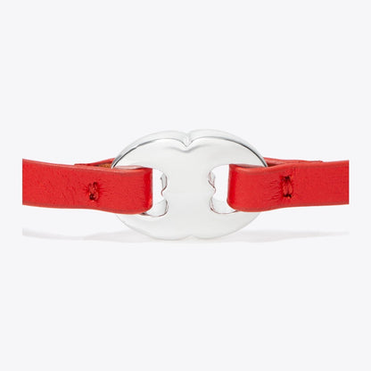 Tory Burch Gemini Link Leather Bracelet Light Silver / Red