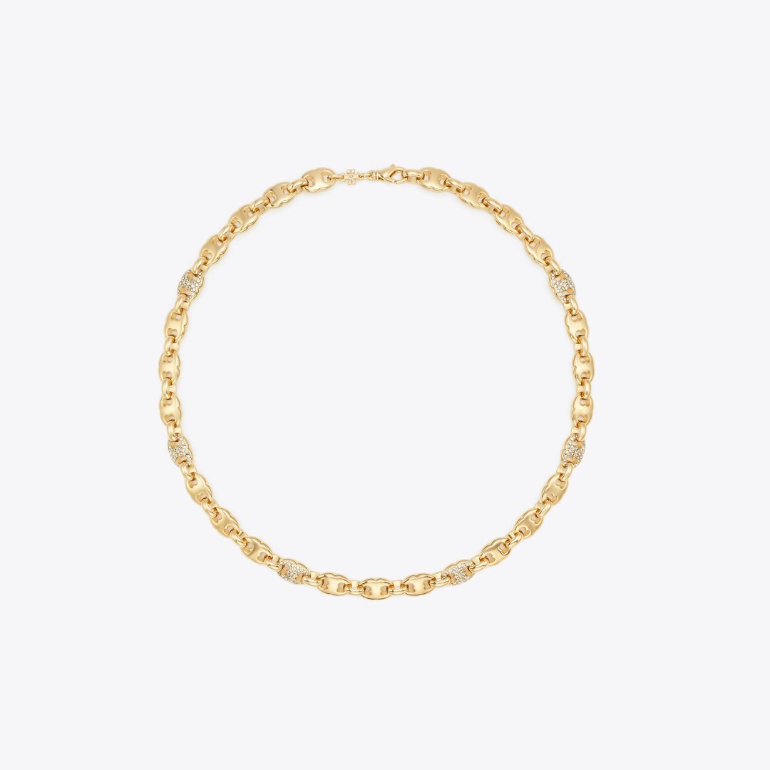 Tory Burch Gemini Link Pav Necklace Light Brass / Crystal