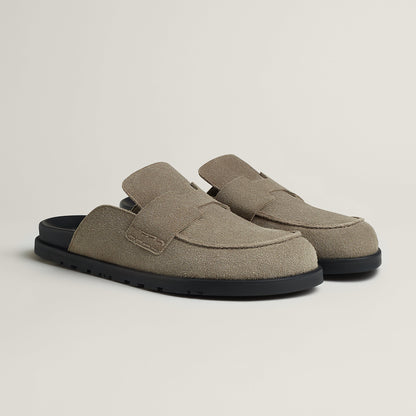 Hermes Go Mule in Toupe, front view showing the signature H cut out detail
