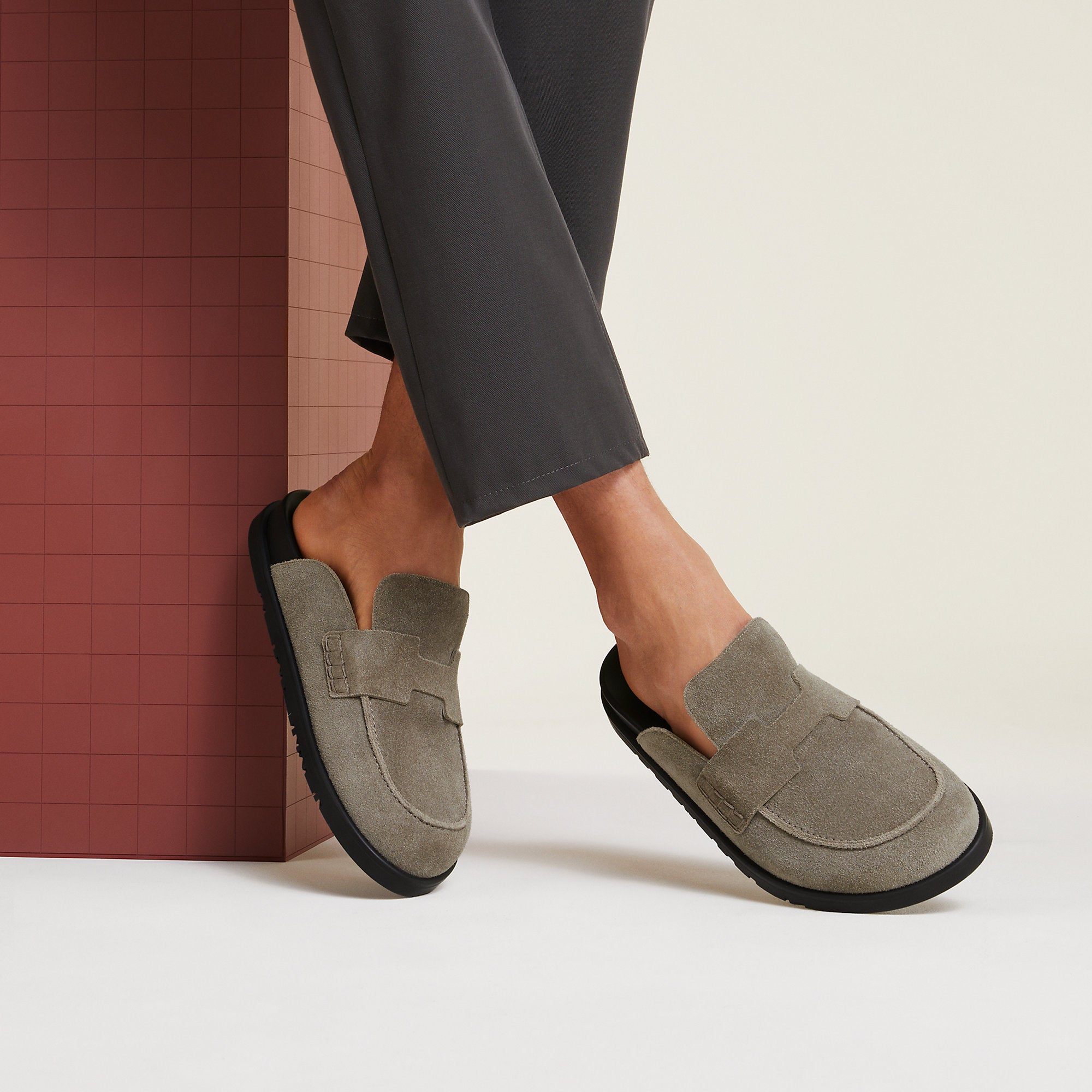 Hermes Go Mule Toupe, side profile showing the suede calfskin upper