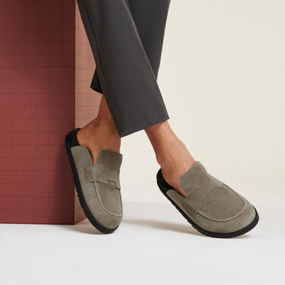 Hermes Go Mule Toupe, side profile showing the suede calfskin upper