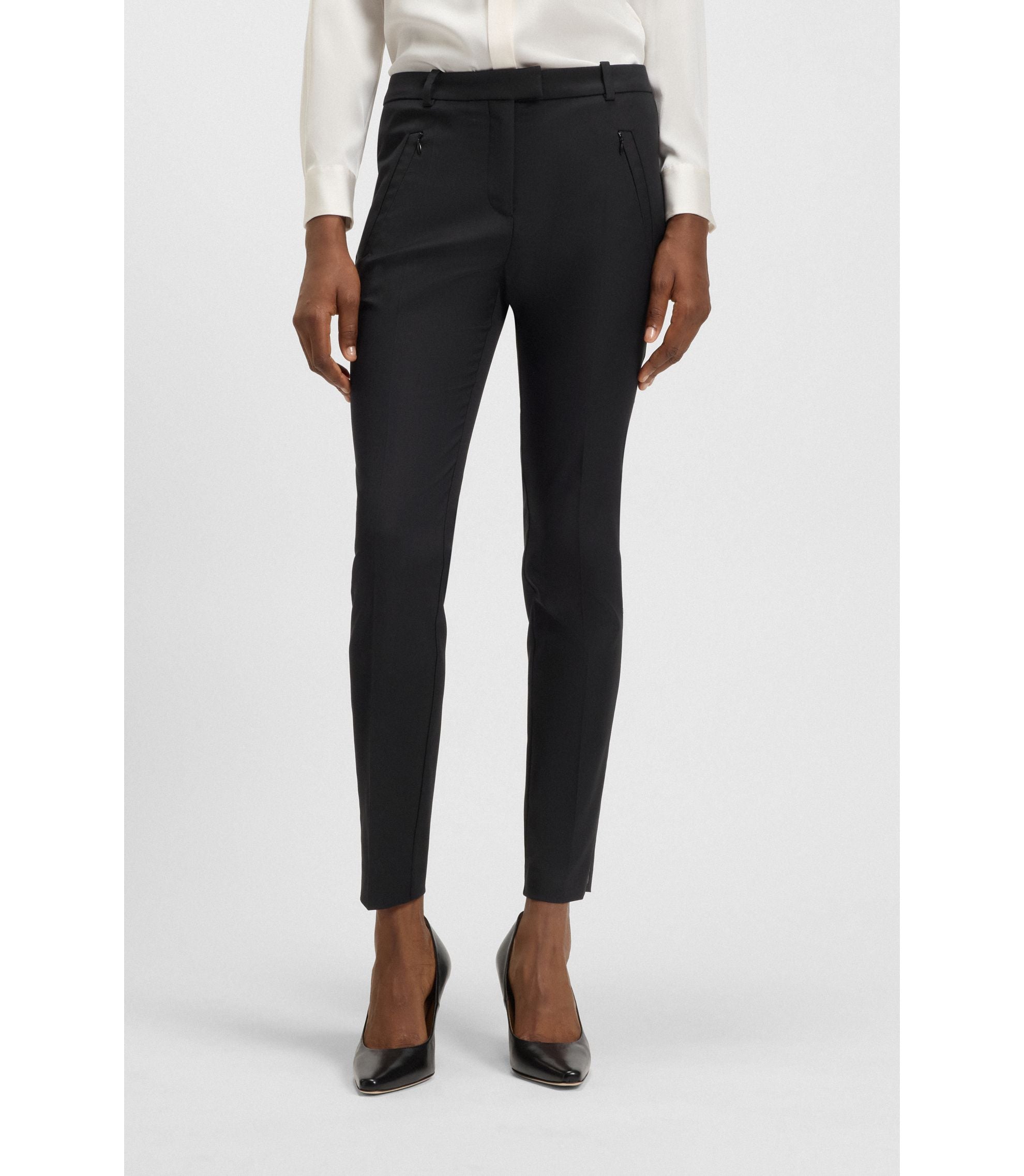 Boss Zipped Hem Slim Fit Trousers With Cropped Length Black Women's