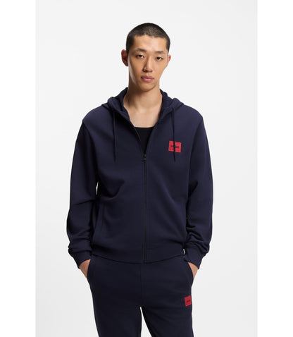 Hugo Cotton Terry Zip Up Hoodie With Logo Label Dark Blue