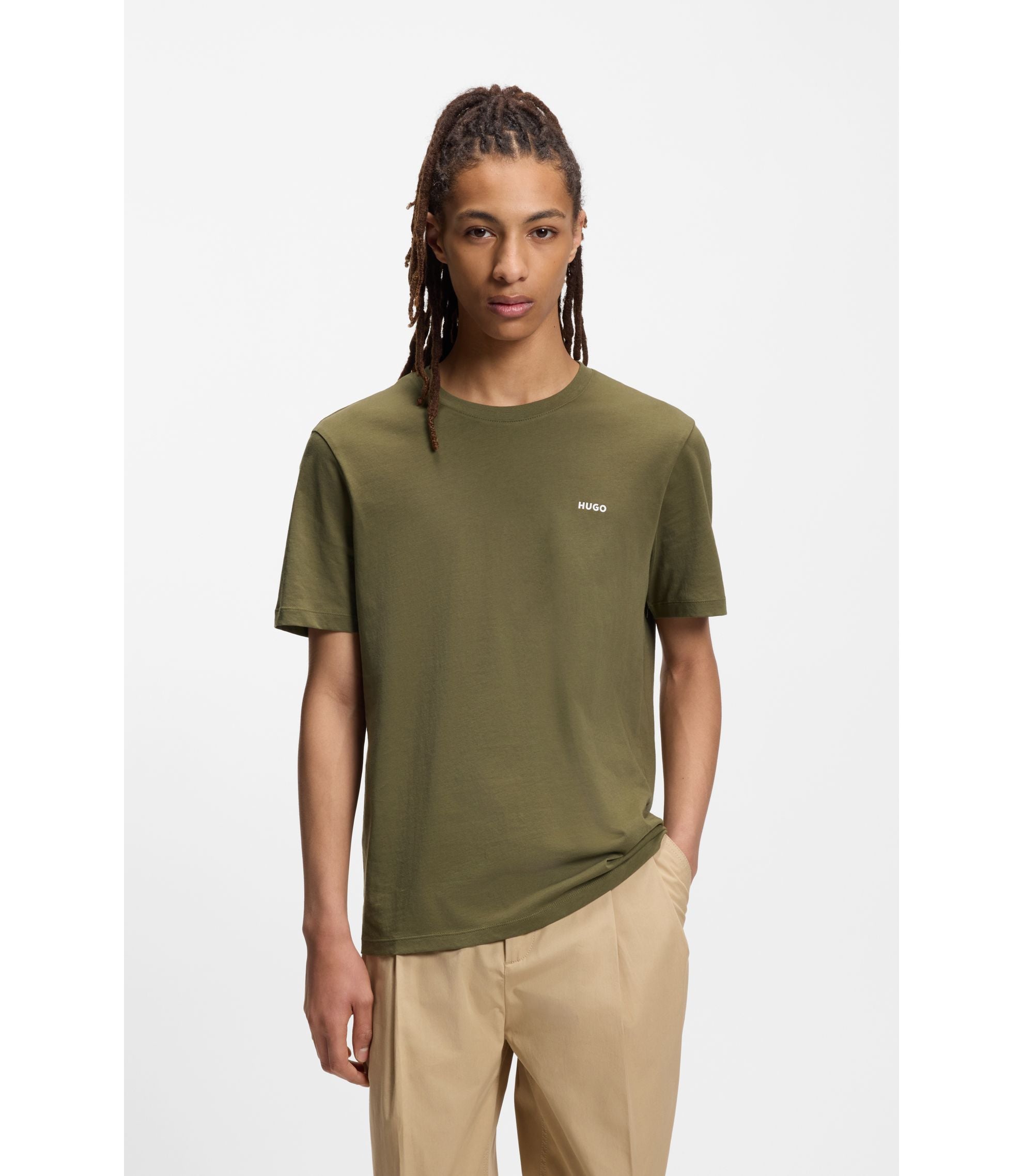 Hugo Logo Print T Shirt In Cotton Jersey Light Green