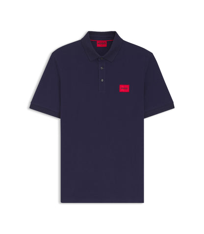 Hugo Cotton Piqu Slim Fit Polo Shirt With Red Logo Label Dark Blue
