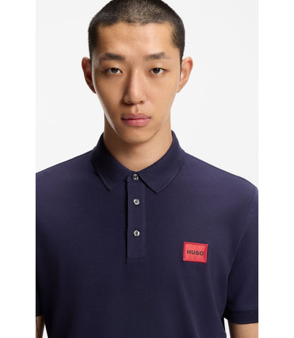 Hugo Cotton Piqu Slim Fit Polo Shirt With Red Logo Label Dark Blue