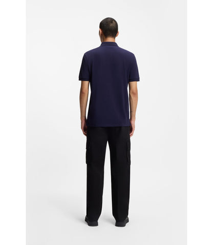 Hugo Cotton Piqu Slim Fit Polo Shirt With Red Logo Label Dark Blue