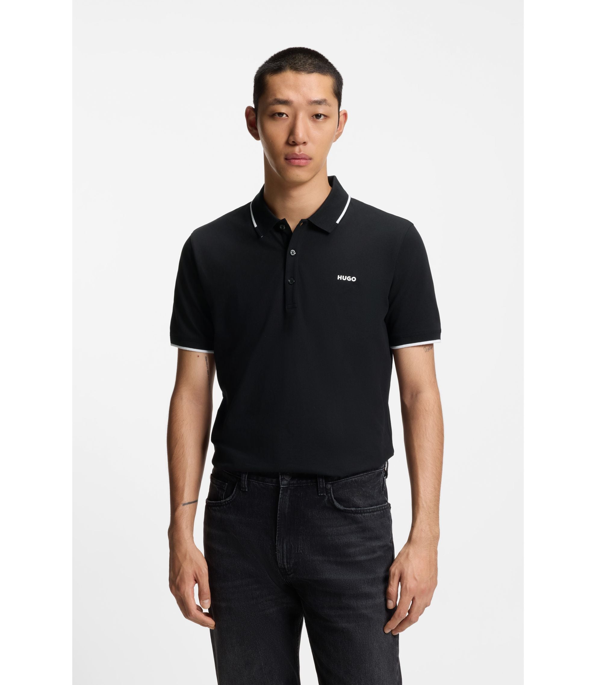Hugo Embroidered Logo Slim Fit Polo Shirt In Stretch Cotton Black