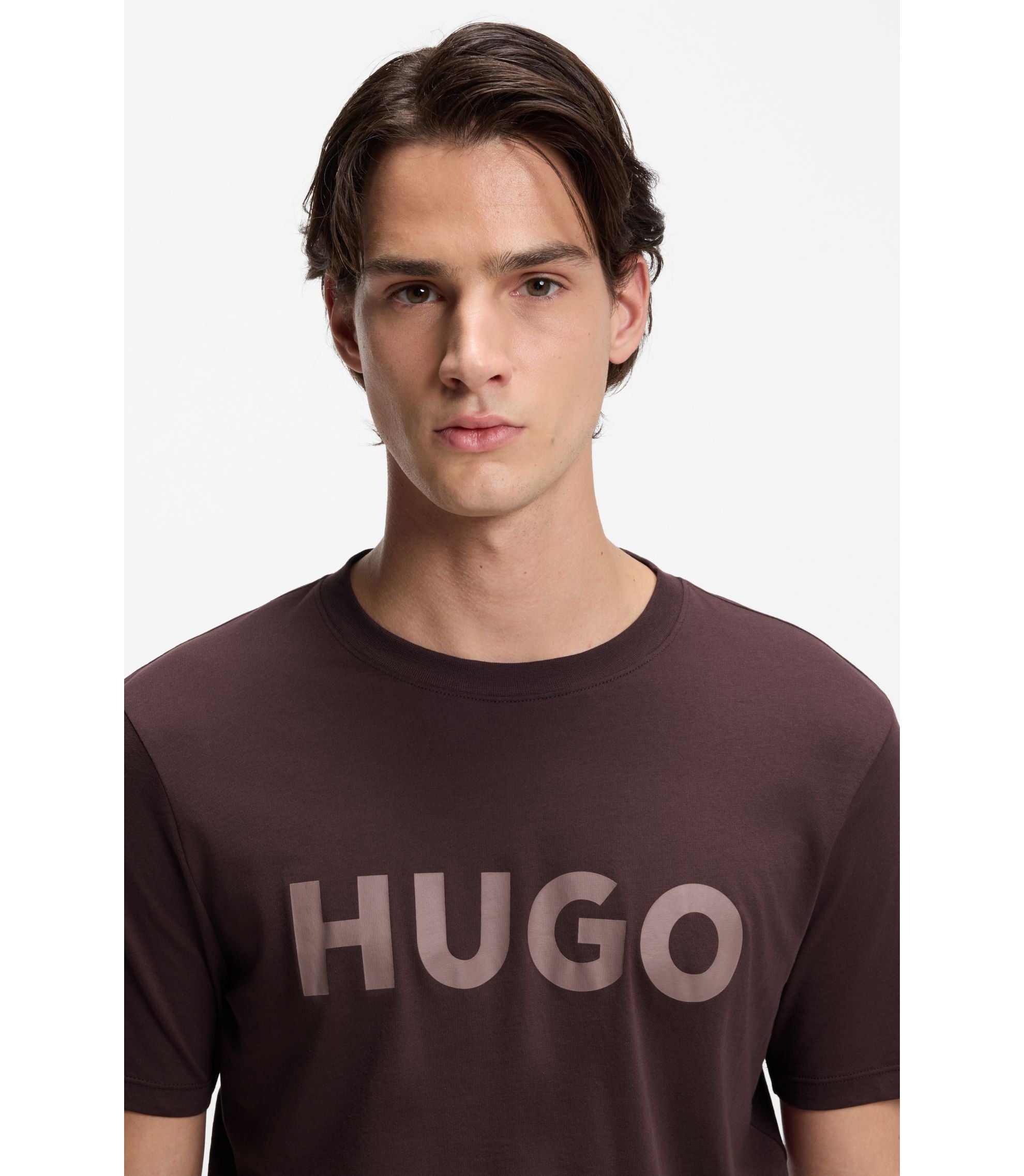 Hugo Cotton Jersey T Shirt With Logo Print Light Brown