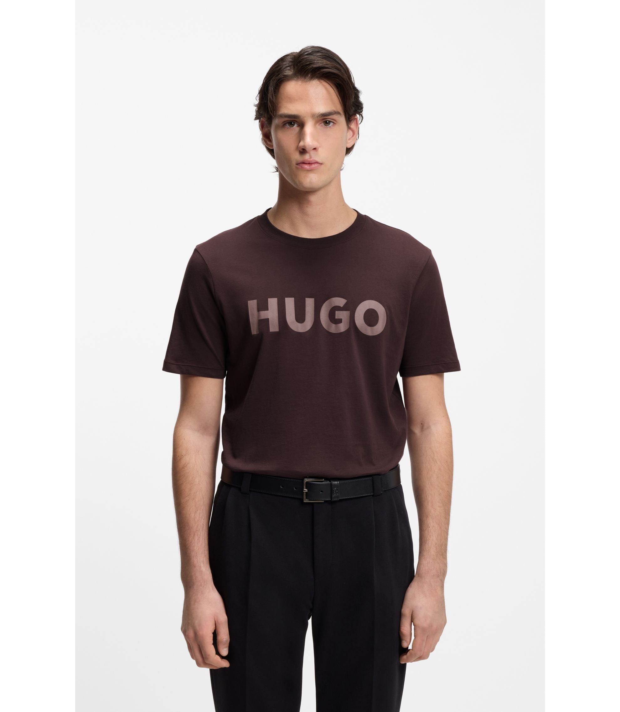 Hugo Cotton Jersey T Shirt With Logo Print Light Brown