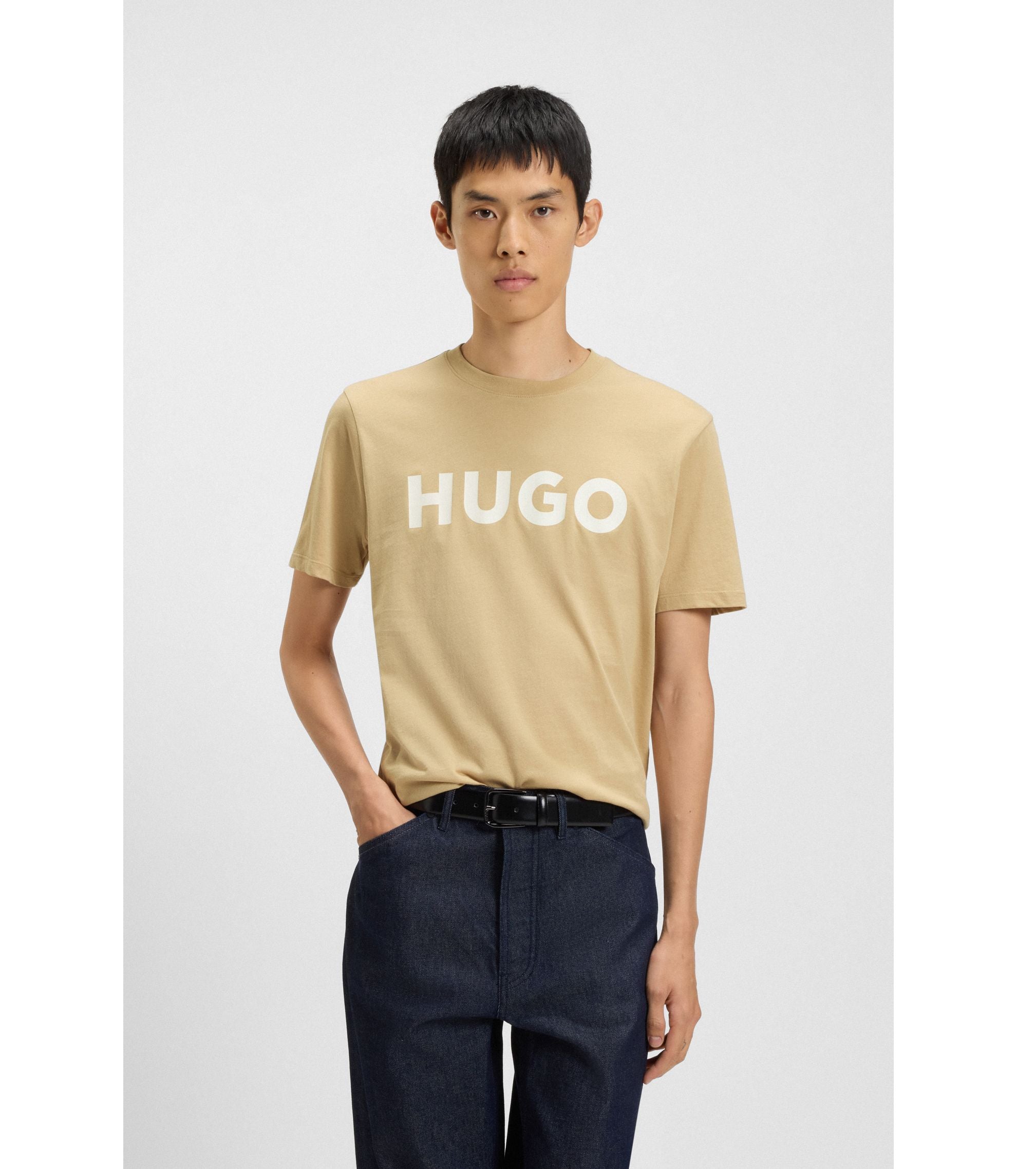 Hugo Cotton Jersey T Shirt With Logo Print Beige