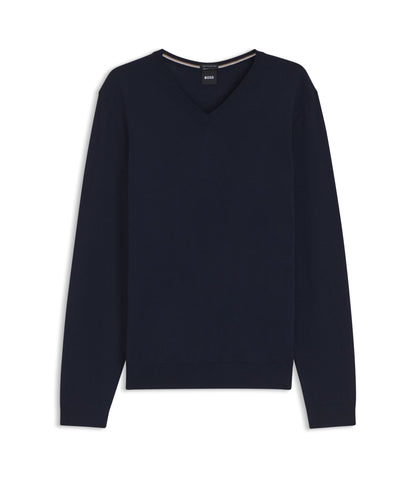 Boss Virgin Wool Sweater With V Neckline Dark Blue