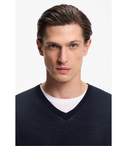 Boss Virgin Wool Sweater With V Neckline Dark Blue