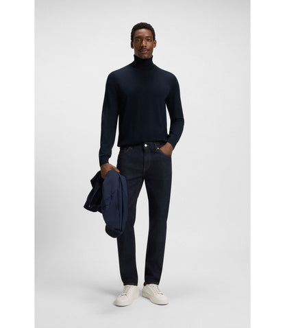Boss Merino Wool Rollneck Sweater In A Slim Fit Dark Blue