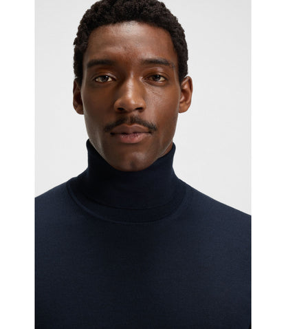 Boss Merino Wool Rollneck Sweater In A Slim Fit Dark Blue
