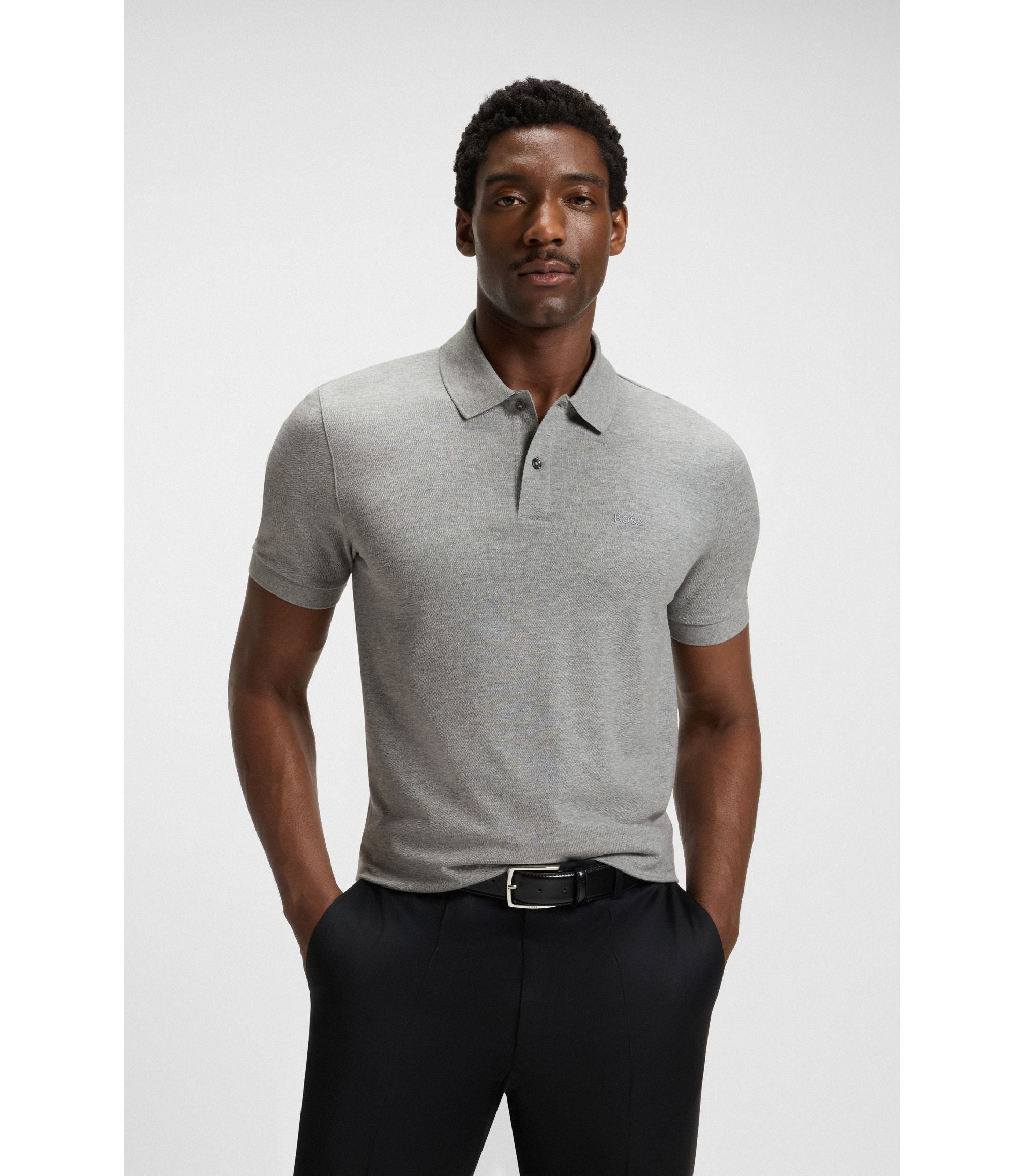 Boss Pallas Logo Detail Polo Shirt In Cotton Piqu Silver