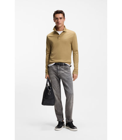 Boss Long Sleeved Polo Shirt In Interlock Cotton With Logo Khaki