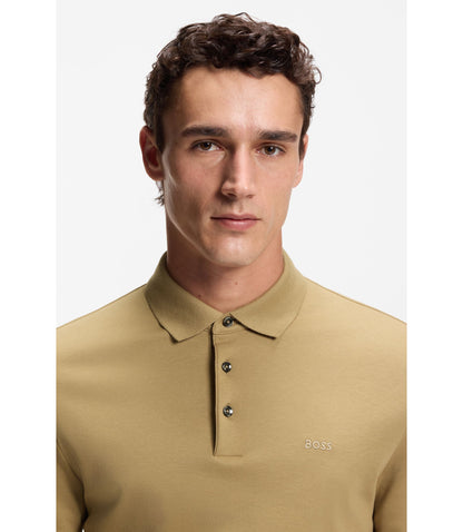 Boss Long Sleeved Polo Shirt In Interlock Cotton With Logo Khaki