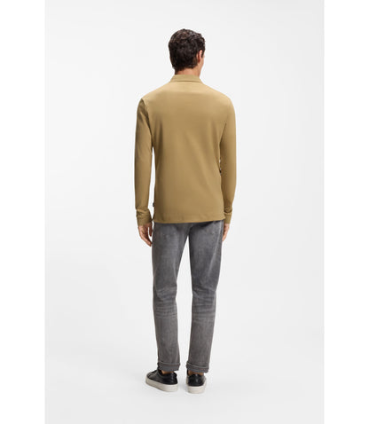 Boss Long Sleeved Polo Shirt In Interlock Cotton With Logo Khaki