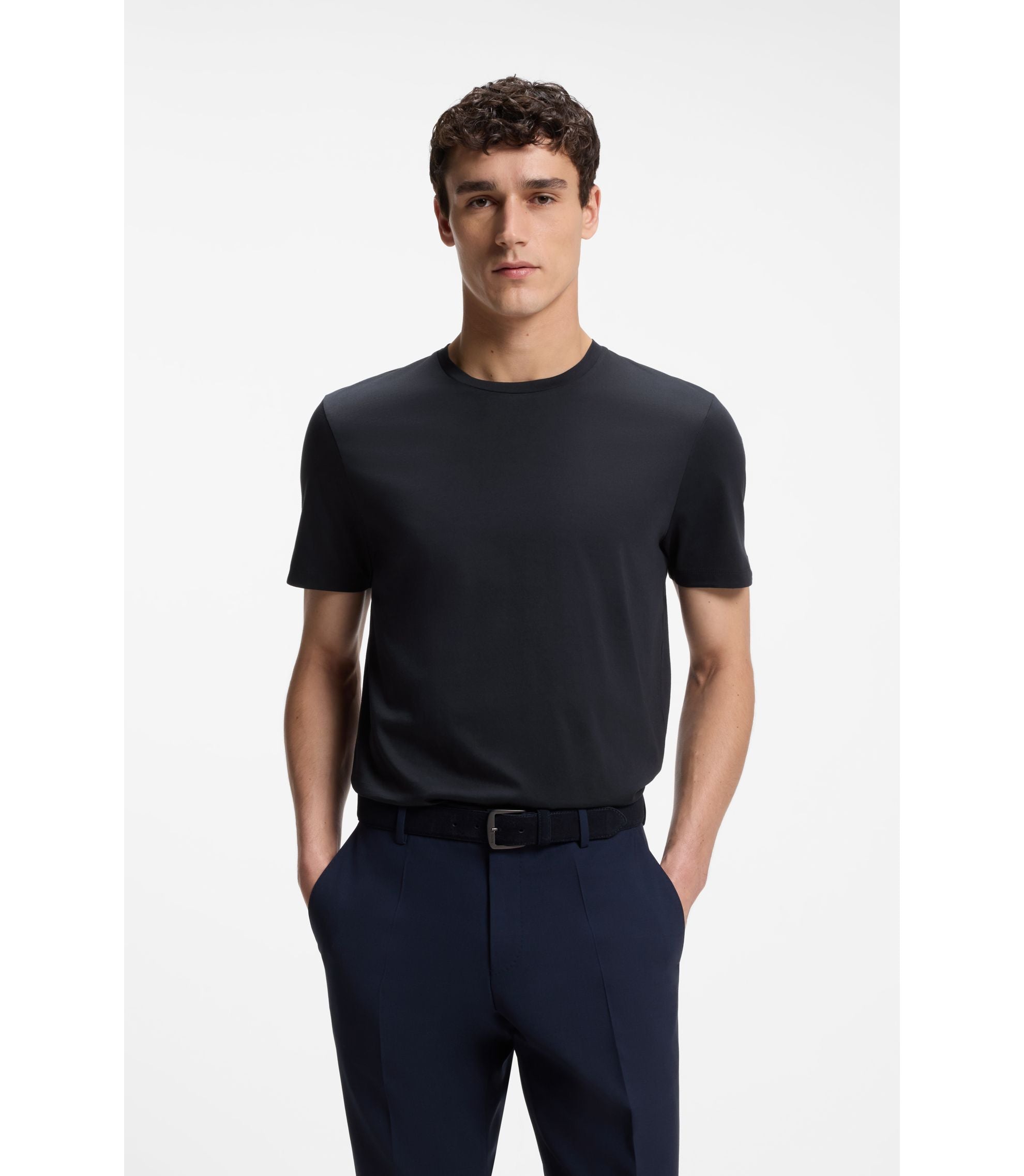 Boss Slim Fit T Shirt In Mercerized Cotton Dark Blue