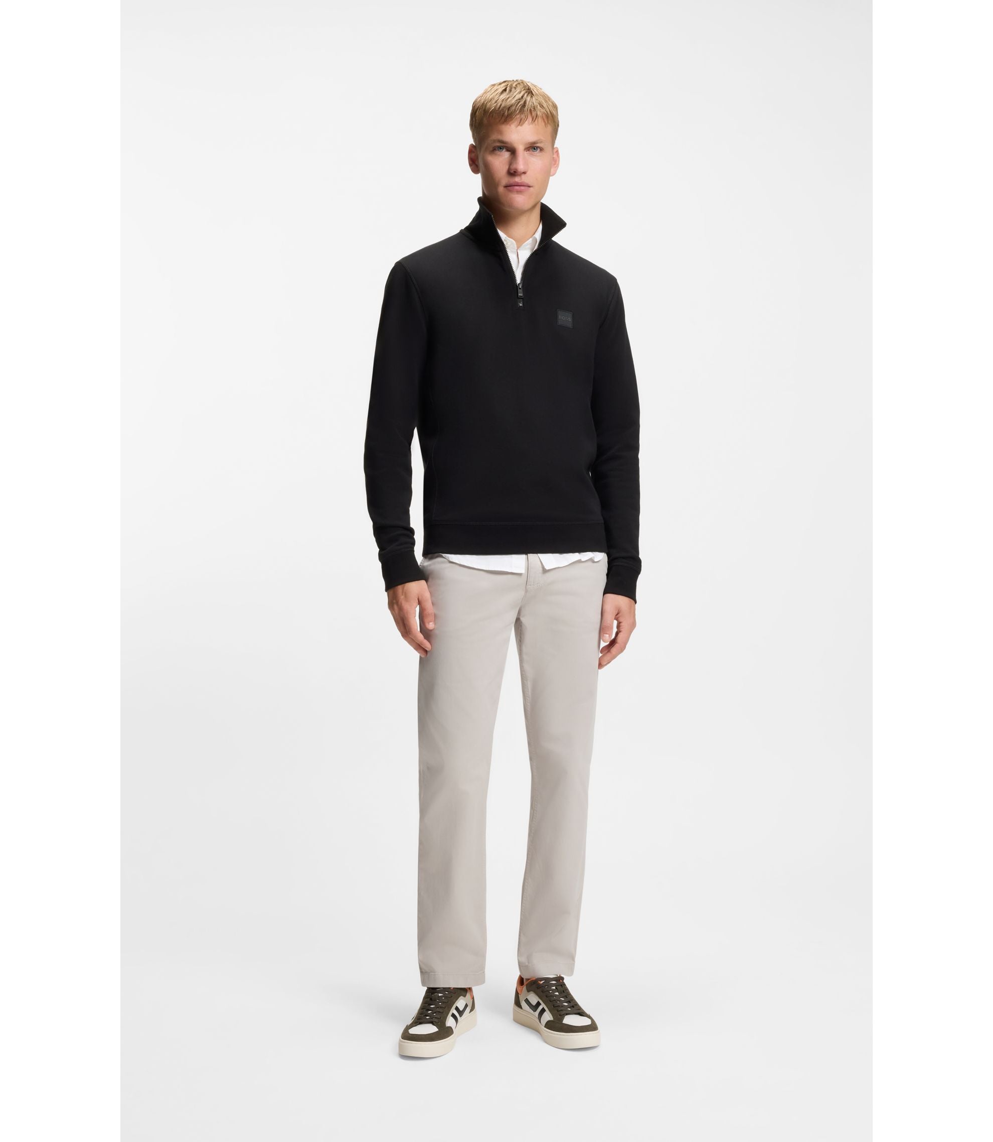 Boss Cotton Terry Sweatshirt With Zipper Collar Black