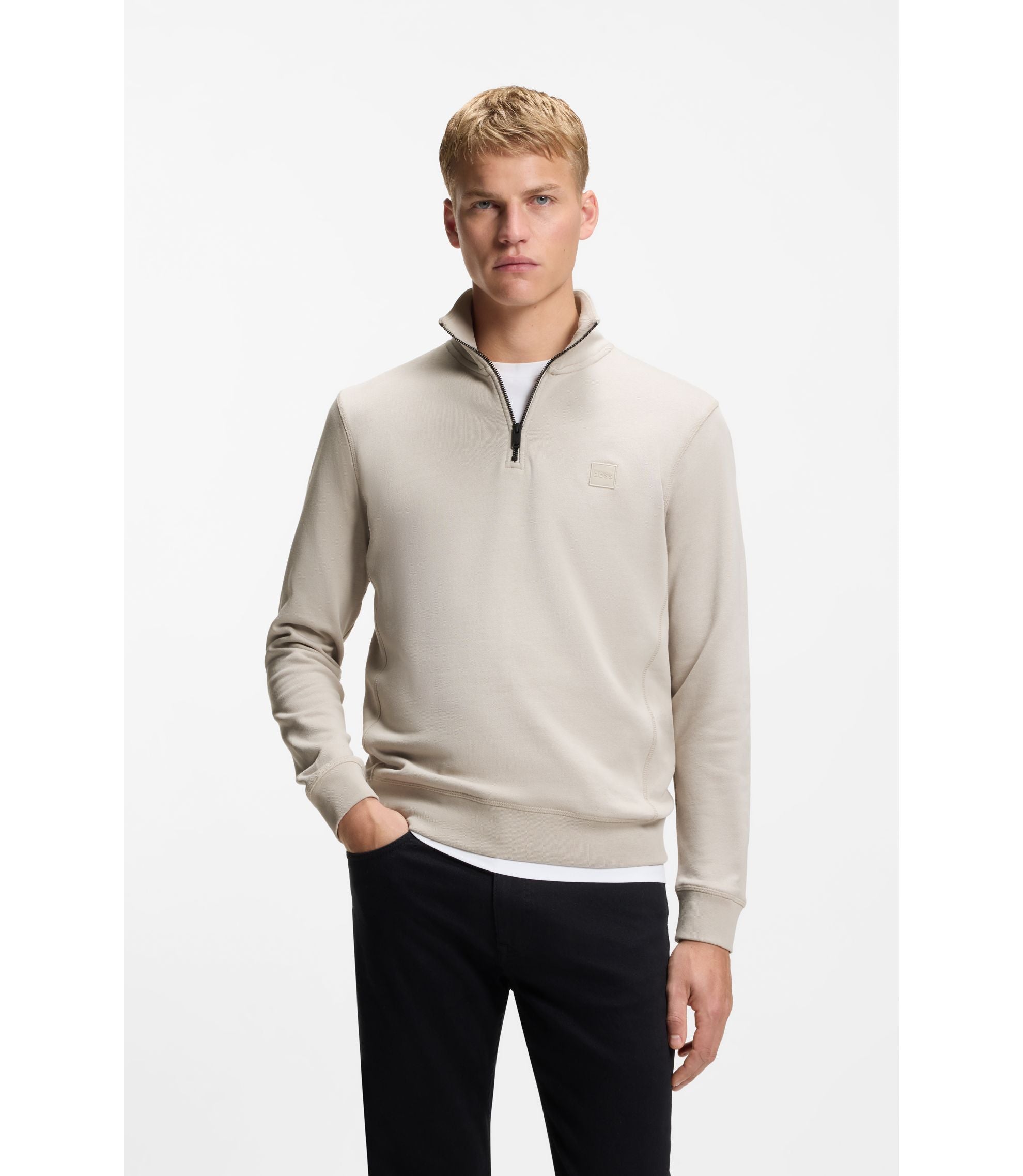 Boss Cotton Terry Sweatshirt With Zipper Collar Light Grey