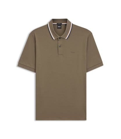 Boss Slim Fit Cotton Polo Shirt With Striped Collar Light Brown
