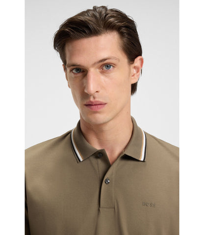 Boss Slim Fit Cotton Polo Shirt With Striped Collar Light Brown