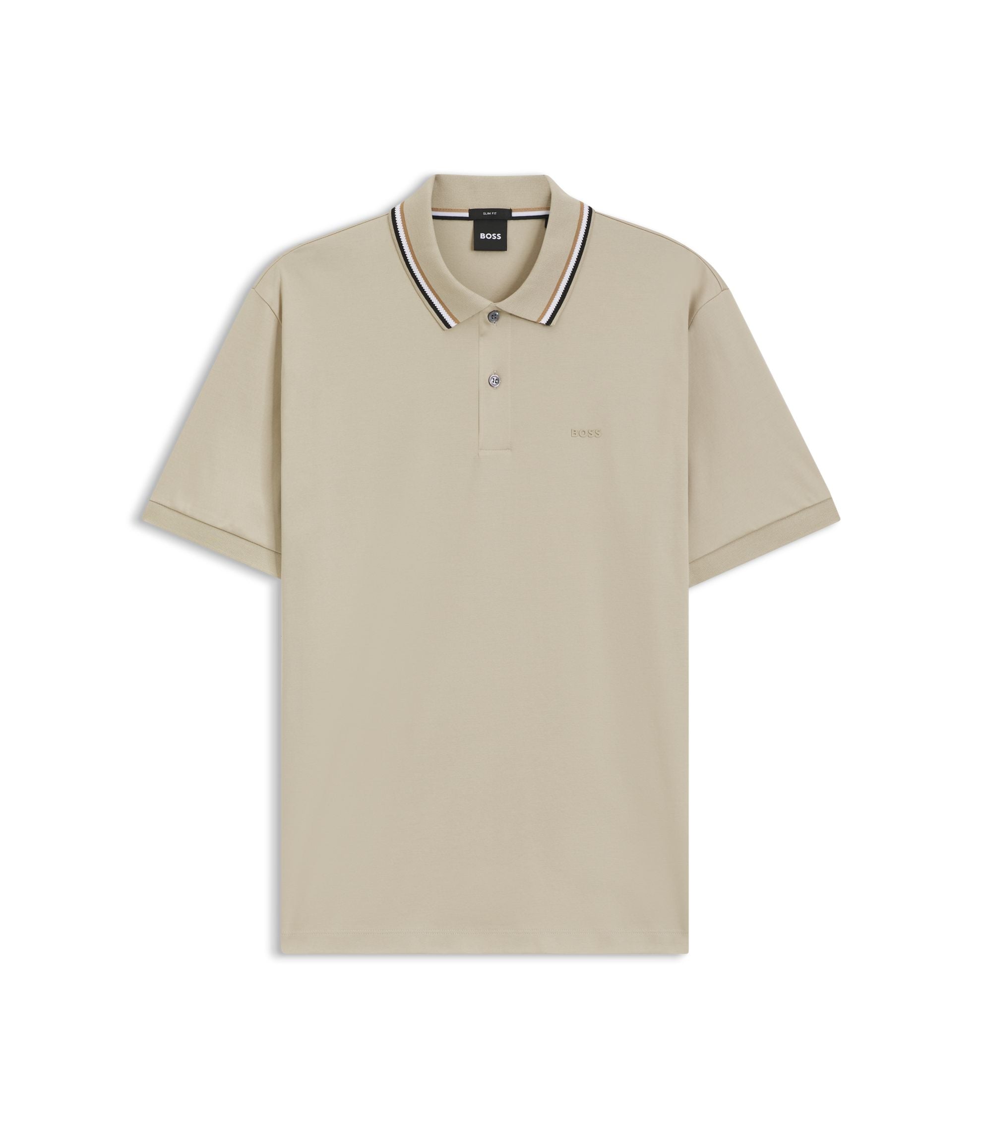 Boss Slim Fit Cotton Polo Shirt With Striped Collar Light Beige