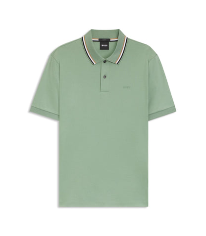 Boss Slim Fit Cotton Polo Shirt With Striped Collar Light Green