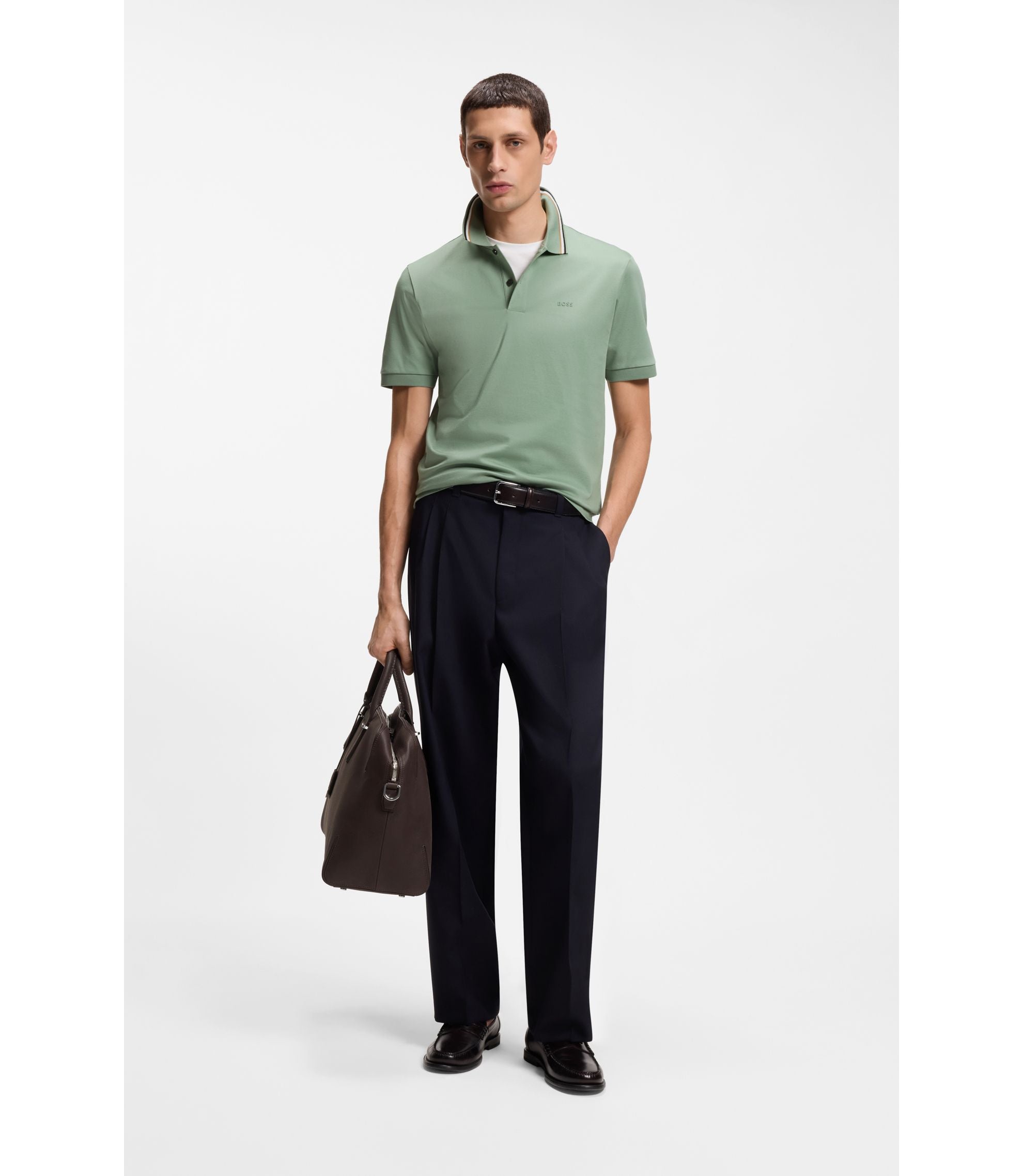 Boss Slim Fit Cotton Polo Shirt With Striped Collar Light Green