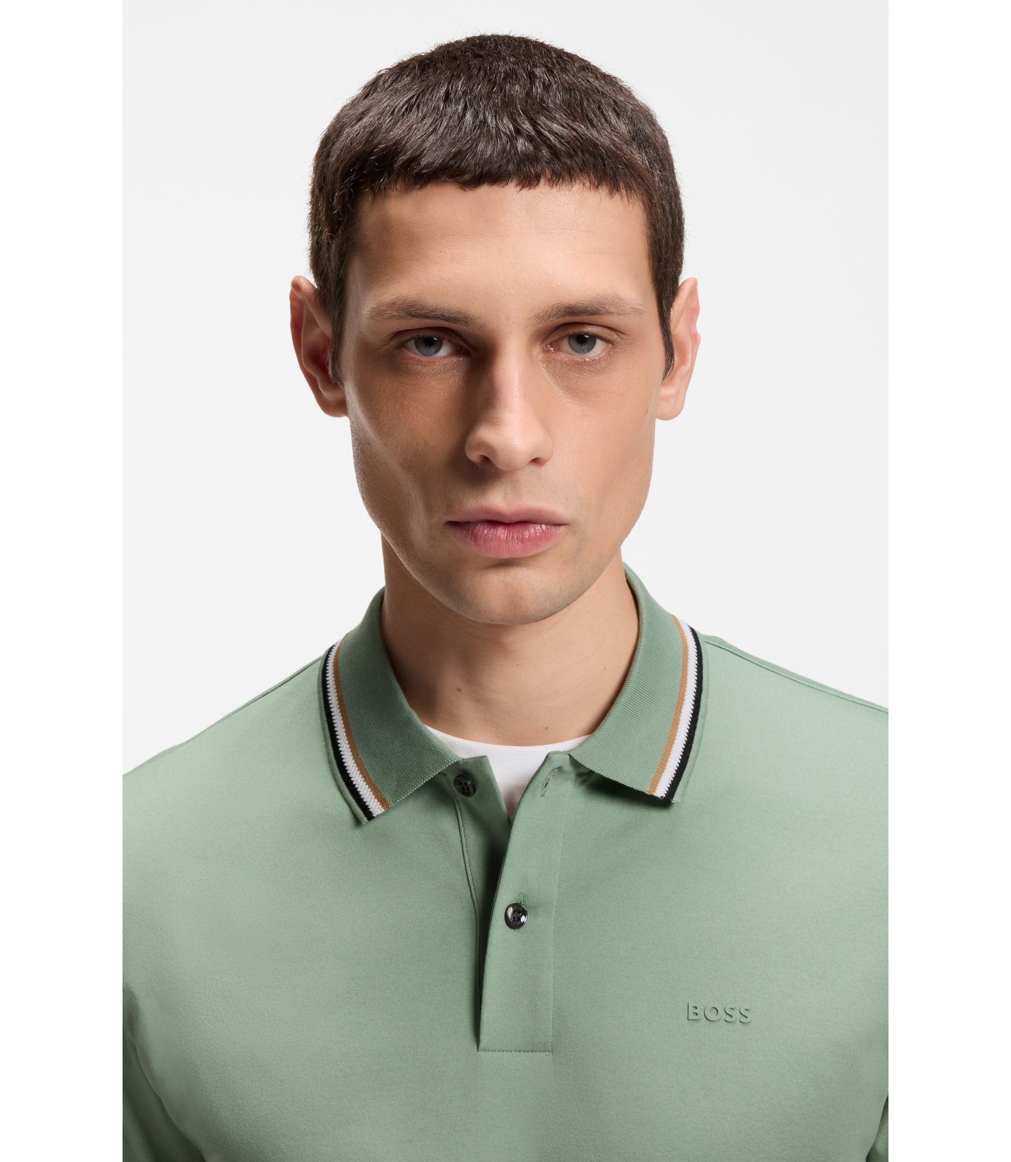 Boss Slim Fit Cotton Polo Shirt With Striped Collar Light Green