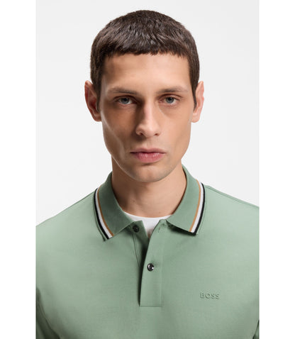 Boss Slim Fit Cotton Polo Shirt With Striped Collar Light Green